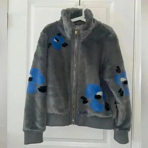Andrew Marc L Bomber Jacket New York Women's Faux Fur Grey Floral Blue